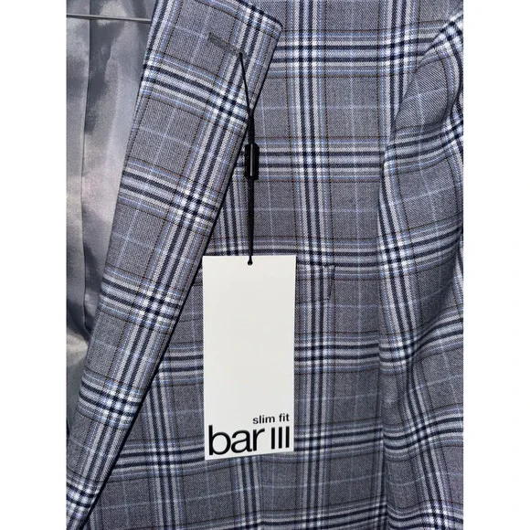 New w/ Tags Bar III Mens Slim Fit Plaid Stretch Blazer Suit Jacket Blue Grey 42L